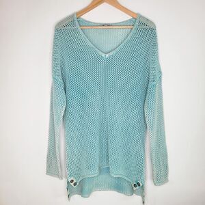 PBJ BLUES Blue Open Knit Top Size L Longline Cotton Vintage Wash Bohemian Net